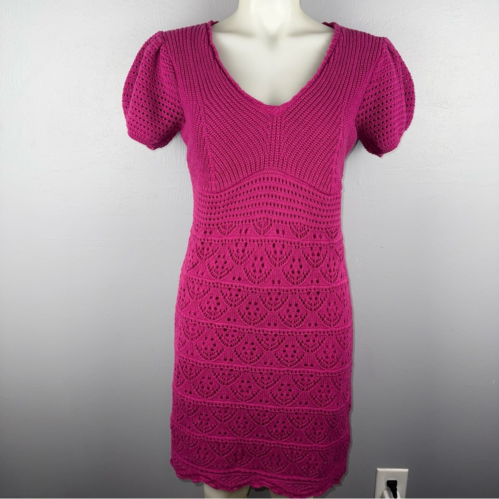 Freshman 1996 Magenta Pink Crochet Knit Puff Sleeve Boho V Neck Dress Womens M‎